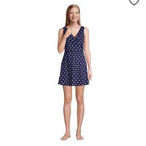 Land’s End Chlorine Resistant V-Neck Surplice Tulip Wrap Swim Dress Navy/ White